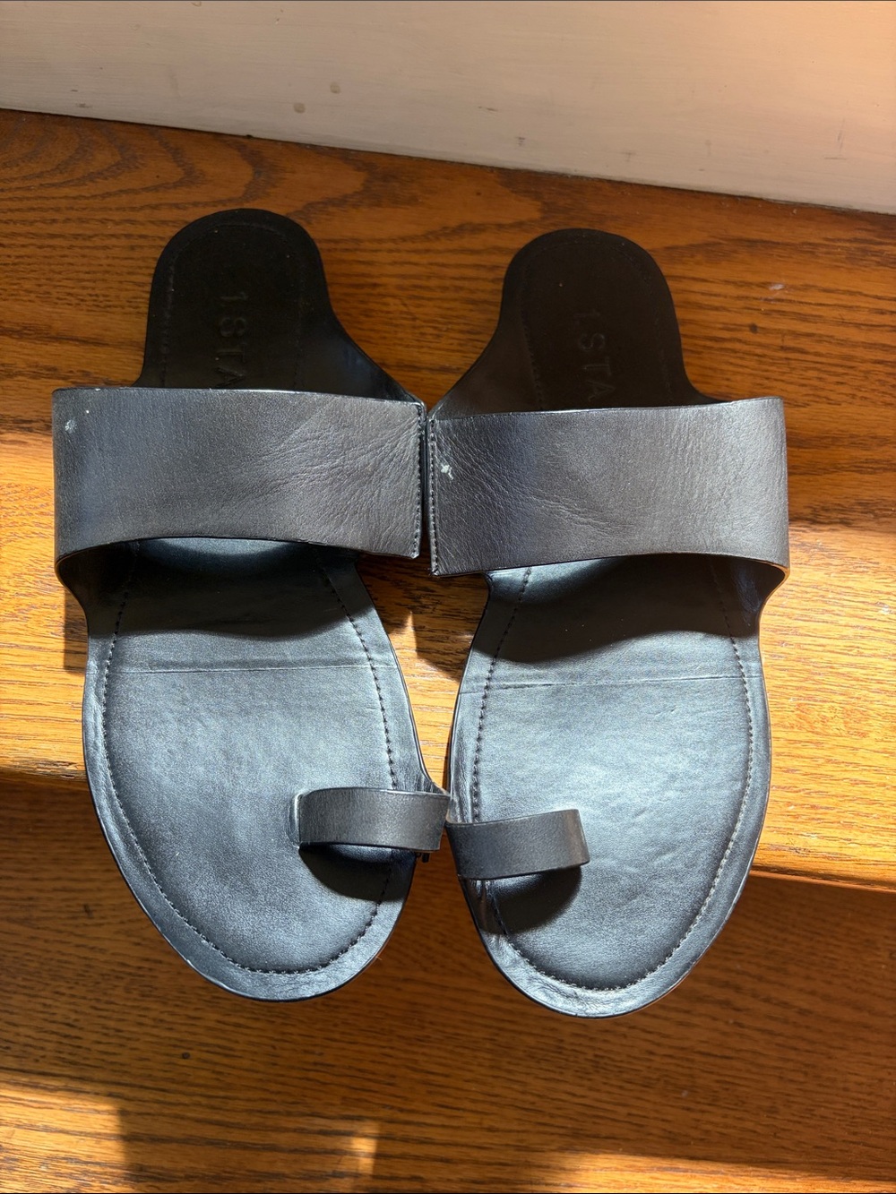 1. State Black Leather Toe-Loop Slide Sandals